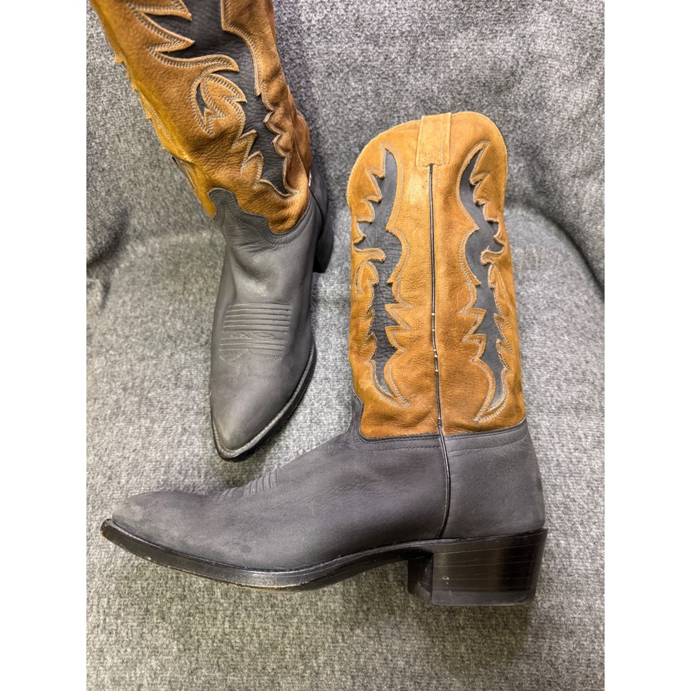 Vintage J Chisholm Cowboy Boots Mens 10.5 D Gray Tan Leather Western Made USA